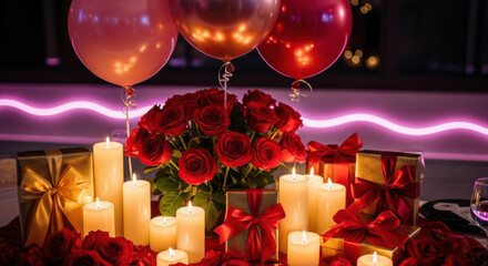 Romantic ambiance with roses, gifts, candles, and balloons