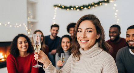 Smiling woman with wine glass in a cozy living room hosting a diverse group of friends celebrating Christmas holidays.