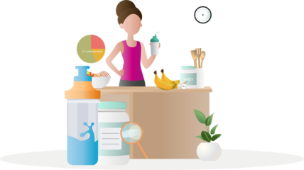 Woman preparing sports nutrition supplements and healthy food