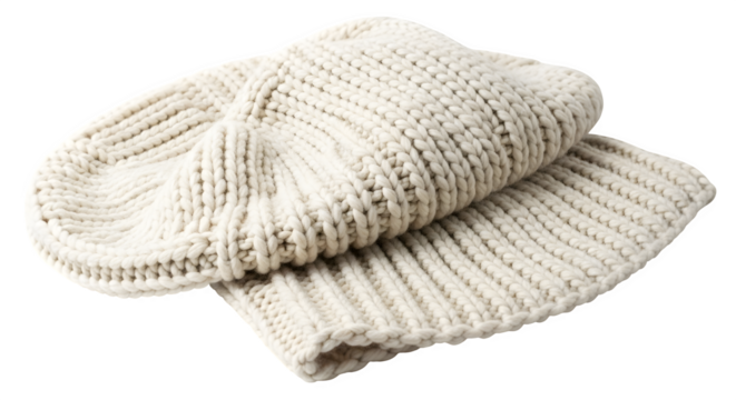 Warm white knitted hat and scarf set isolated on transparent background, perfect for winter fashion and cozy coldweather accessories