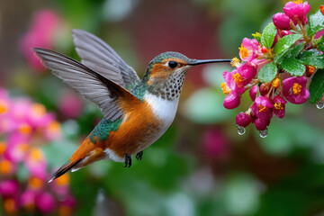 Obraz premium Colorful hummingbird feeding on vibrant flowers during a sunny afternoon