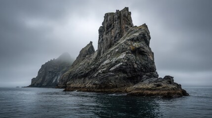 A stunning rocky formation rises tall amidst foggy weather framed by serene ocean waves and distant hills.