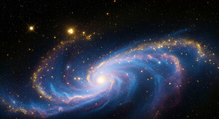 Wide shot of a spiral galaxy with bright center and glowing arms. Represents cosmic expansion, celestial beauty and the vastness of the universe