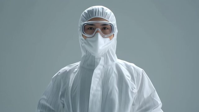 若手の日本人エンジニアが膝上構図で白一色の無塵衣とウエハーを示す