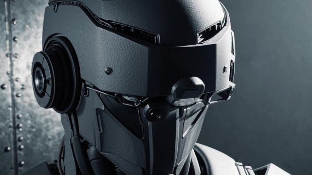 A close-up of a futuristic robot head with a sleek design. The robot features a matte black finish and intricate mechanical details.