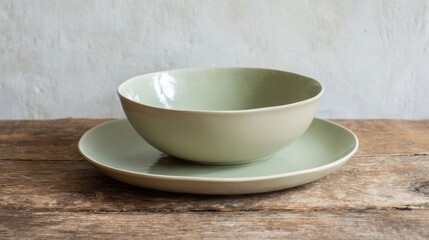 Fototapeta premium Soft green and cream ceramics rest on a textured wooden surface showcasing minimalistic elegance.