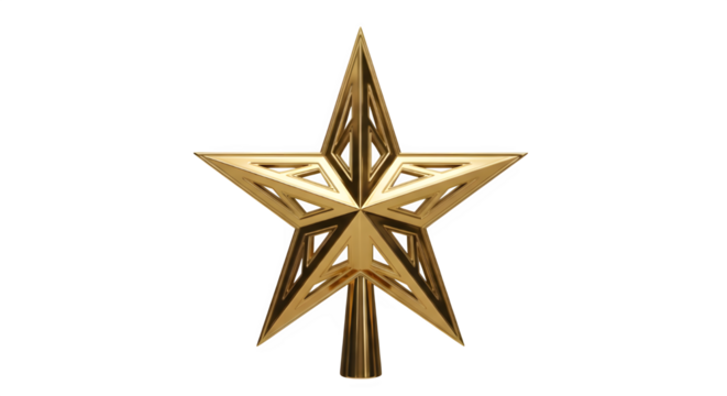 An intricate golden star isolated on transparent background, designed with a geometric pattern, ideal for adding a sophisticated touch to christmas trees and holiday decorations, symbolizing peace