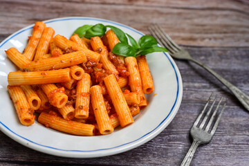  Pasta bolognese .Italian home made meal Fresh   maccheroni pasta with tomato sauce, basil, herbs ,parmesan cheese ,fresh cherry tomatoes and parsley on wooden background. Kitchen Poster 
