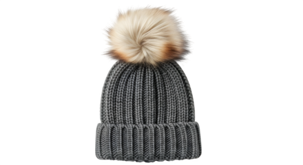 Dark gray knitted beanie hat with a faux fur pompom isolated on transparent background, perfect for winter and cold weather, keeping you warm