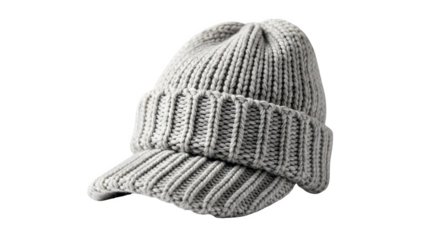 Gray knitted hat with a visor isolated on transparent background, perfect for winter and cold weather, keeping you warm and stylish