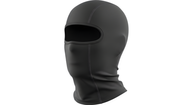 A black balaclava isolated on transparent background, providing full head and face protection for winter sports and activities