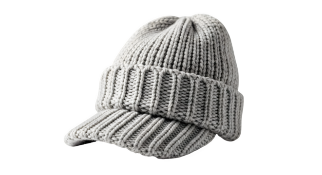Gray knitted hat with a visor isolated on transparent background, perfect for winter and cold weather, keeping you warm and stylish