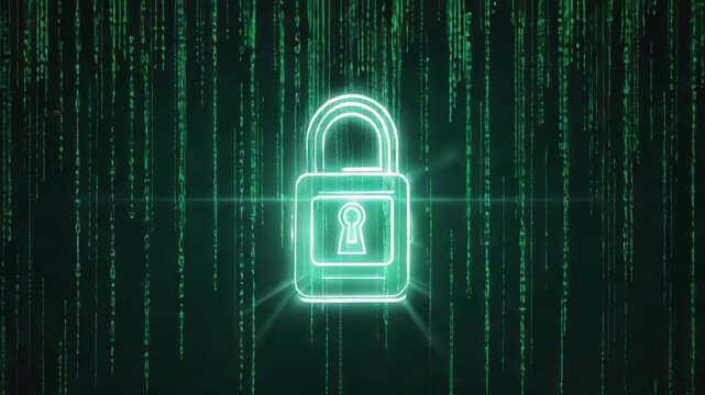 Digital Lock Icon Glowing in a Matrix-Style Green Digital Rain Background Representing Cybersecurity and Data Protection