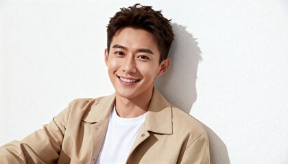 Handsome young Asian man smiling in a casual portrait. Confident male model on a white background with copy space