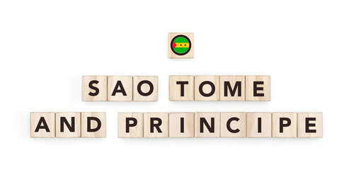 Wooden blocks bearing the name and flag of Sao Tome And Principe. Sao Tomean and African Culture,...