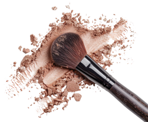 A contour brush shows bronzer residue against a transparent background, highlighting its use in makeup application. The brush is black with soft bristles and brown powder scattered around