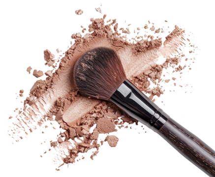A contour brush shows bronzer residue against a transparent background, highlighting its use in makeup application. The brush is black with soft bristles and brown powder scattered around