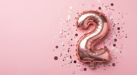 Rose gold number two balloon with confetti on soft pink background