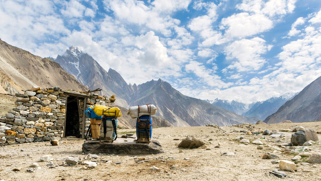 Porters' bags on the trekking trail from Jula to Payu, K2 Base Camp trek, Pakistan