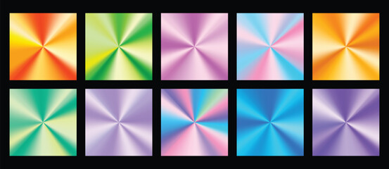 Fototapeta premium Orange, green, purple, blue, metal green and golden rose conical foil texture background set. Vector shiny and metallic gradient collection for border, frame, ribbon, label design