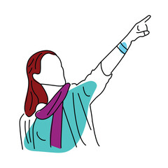 A woman uses her hand to point, highlighting an important detail or area. line with flat vector illustration