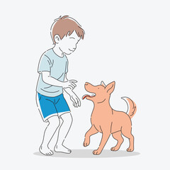 Boy playing with a dog minimal colorful line art vector illustration