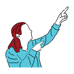 A woman pointing with her finger, indicating something of interest in her surroundings. line with flat vector illustration