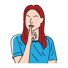 A woman with red hair holds her finger to her lips, signaling for silence or secrecy, line with flat vector illustration