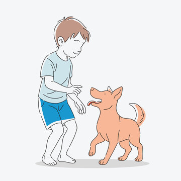Boy playing with a dog minimal colorful line art vector illustration