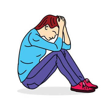  Illustration of a woman looking sad, with her head slightly bowed and a tear rolling down her cheek, expressing deep emotion, line with flat vector illustration.