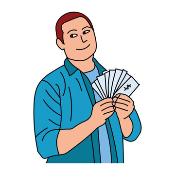 Man proudly holds up a stack of money, vector illustration on white background