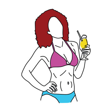Woman in a bikini smiles while holding a colorful cocktail vector illustration on white background