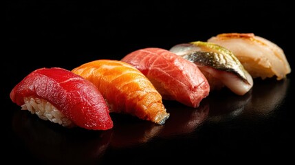 A vibrant array of sushi with different types of fish displayed on a sleek black surface.