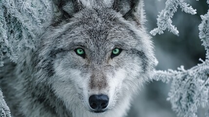 Obraz premium A powerful wolf with striking green eyes peers through snowy tree branches in a serene winter landscape.