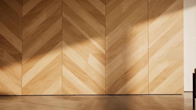 Sunlight streams across a modern wooden feature wall with a herringbone pattern, creating a play of light and shadow in a minimalist interior