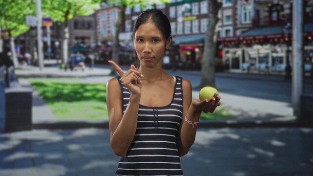 Thai young woman brunette in a striped tank top holding a green apple in her left hand points index finger toward camera while standing in a city street with shops and trees; healthy choice advice.