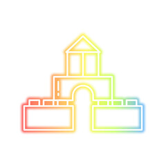 Rainbow-colored neon outline of a simple block castle with an arched entrance and two flanking rectangular walls.