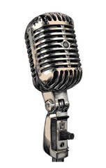 Fototapeta premium Vintage microphone against black background. Detailed design, metallic grille, and components