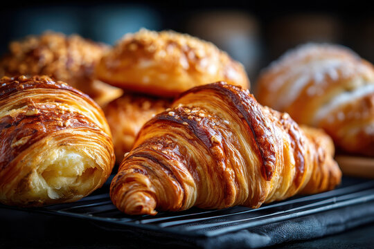 Freshly baked croissants and pastries on cooling rack - Powered by Adobe