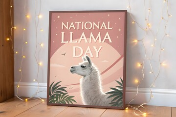 National Llama Day Poster Displayed with Warm Fairy Lights