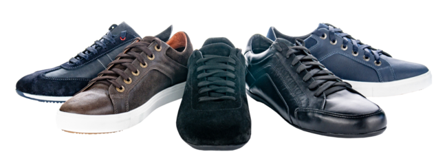 stylish modern leather shoes arranged in a row on a white background