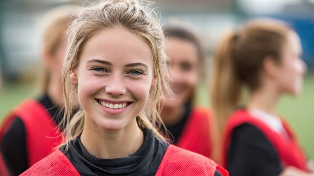 Young athlete beams with joy during a lively soccer training session with teammates nearby.