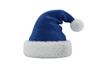 hyperrealistic 3d render of a luxury deep sapphire blue velvet santa hat with thick white faux fur trim and fluffy pom-pom, isolated on transparent background. Festive christmas luxury concept