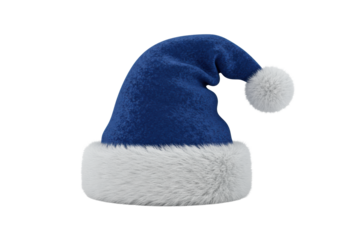 hyperrealistic 3d render of a luxury deep sapphire blue velvet santa hat with thick white faux fur trim and fluffy pom-pom, isolated on transparent background. Festive christmas luxury concept