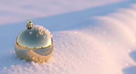 Shiny golden bauble ornament on snow, reflecting distant landscape, representing festive winter holiday, Christmas or New Year celebration, with free space