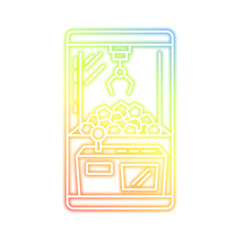 A stylized, neon-colored outline of a claw machine filled with prizes, featuring a claw poised above the pile.