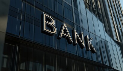Fototapeta premium Bank sign on a modern bank building with reflection in the glass facade of a luxury skyscraper exterior
