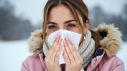 Faceless woman using tissue for nose outdoors defocused winter snowy background seasonal cold symptoms respiratory illness weather related sickness winter health issues 