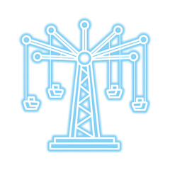 Illustration of a swing carousel ride with empty seats, depicted in a light blue neon outline style on a white background.