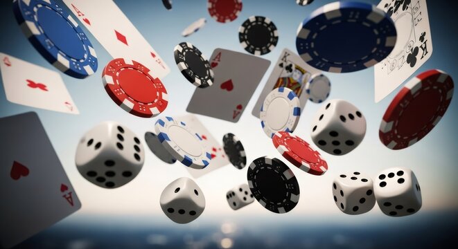 Playing card, casino chip, and dice falling in a dynamic composition. Concept of gambling, luck, chance, and casino game. - Powered by Adobe